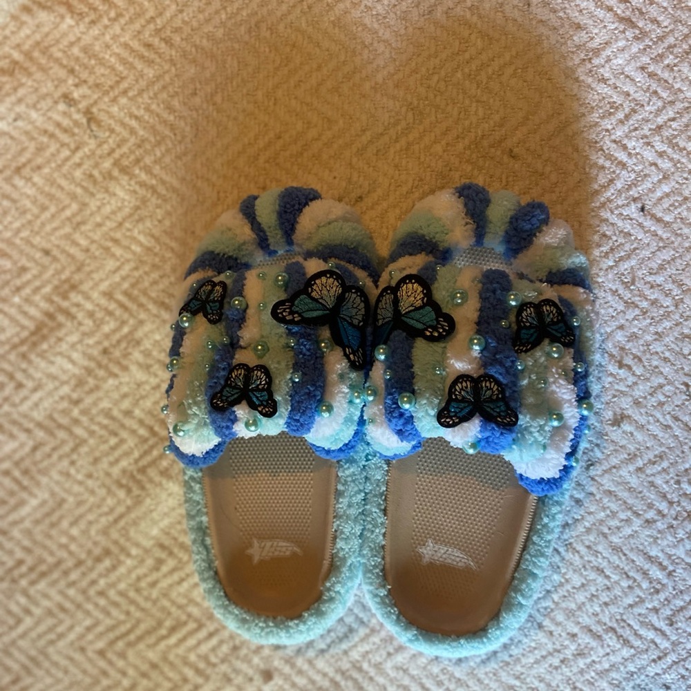 Blue and White Butterfly Embellished Women's Slippers